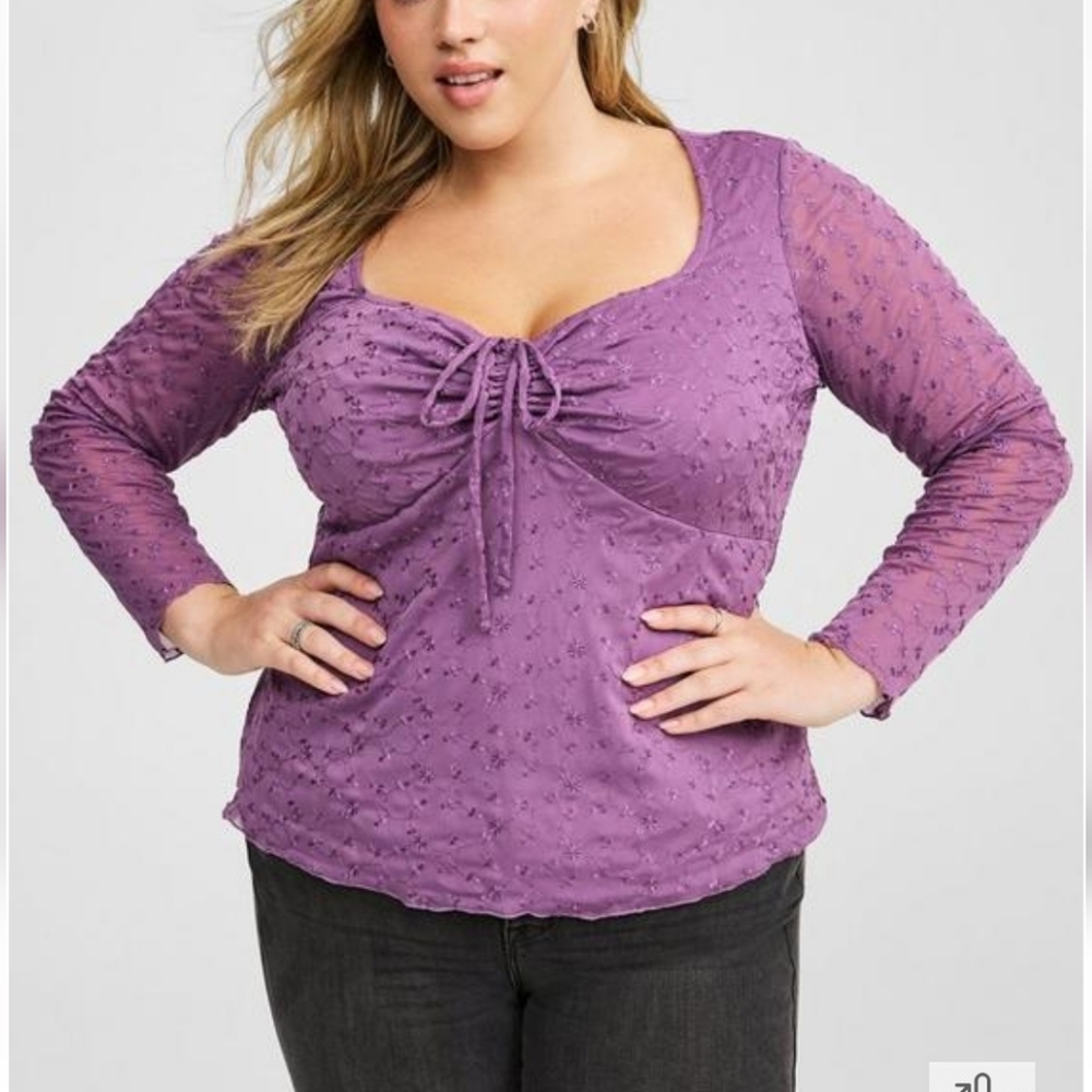 🆕️💜 2X LILAC STRETCH EMBROIDERED MESH TIE FRONT LONG SLEEVE TOP💜